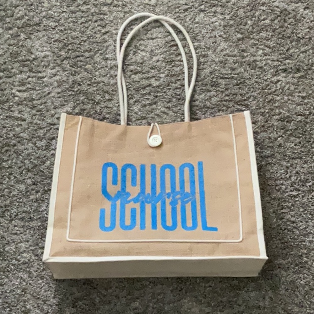 Tan Tote Bag with Blue 'School Nurse' Print